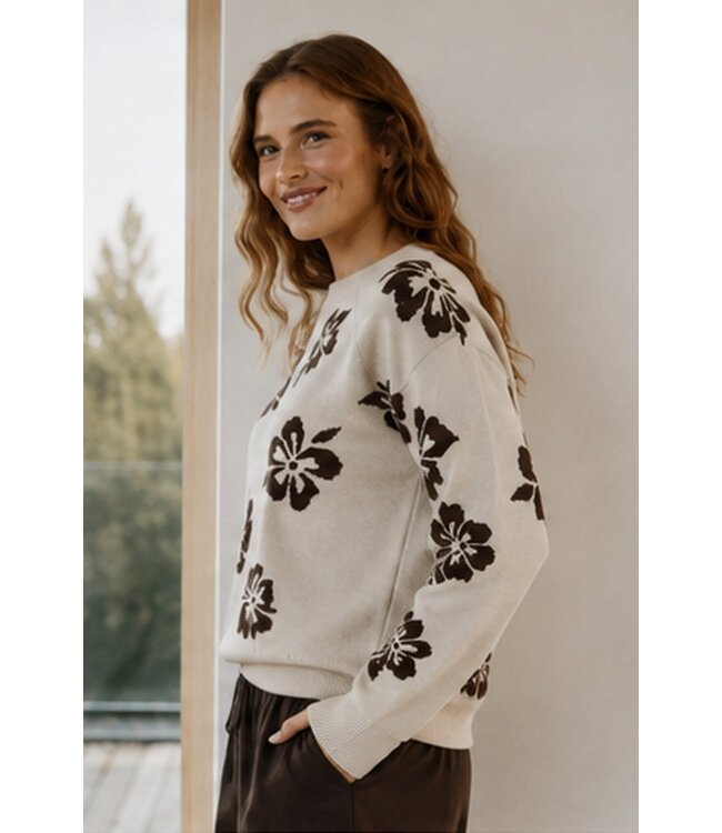 Freequent FQALPI damespullover Moonbeam met bruine bloemenprint en zachte knit