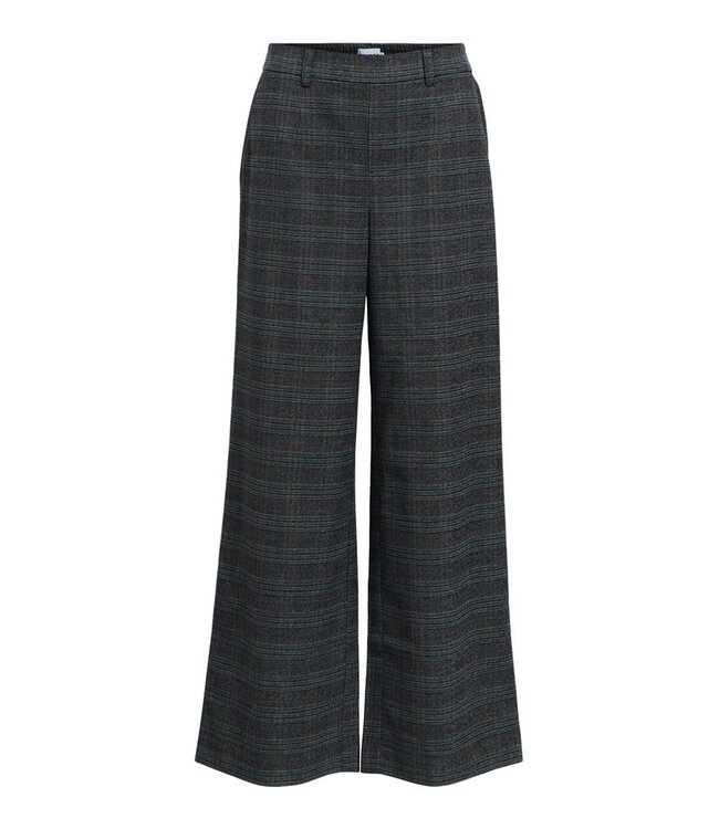 Object OBJLISA Wide Pant AOP Dark Grey Melange Blue/Brown – Dames broek met wijde pijpen