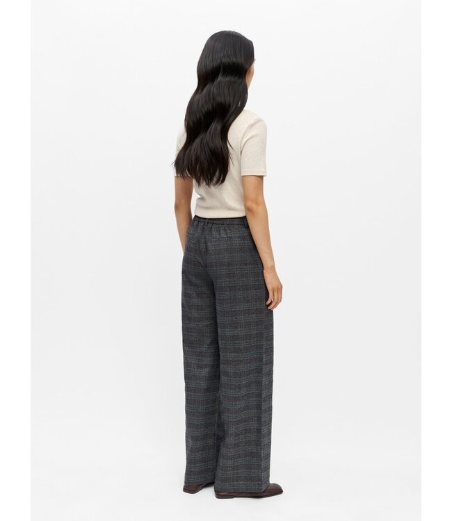 Object OBJLISA Wide Pant AOP Dark Grey Melange Blue/Brown – Dames broek met wijde pijpen