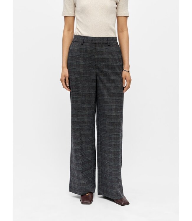 Object OBJLISA Wide Pant AOP Dark Grey Melange Blue/Brown – Dames broek met wijde pijpen