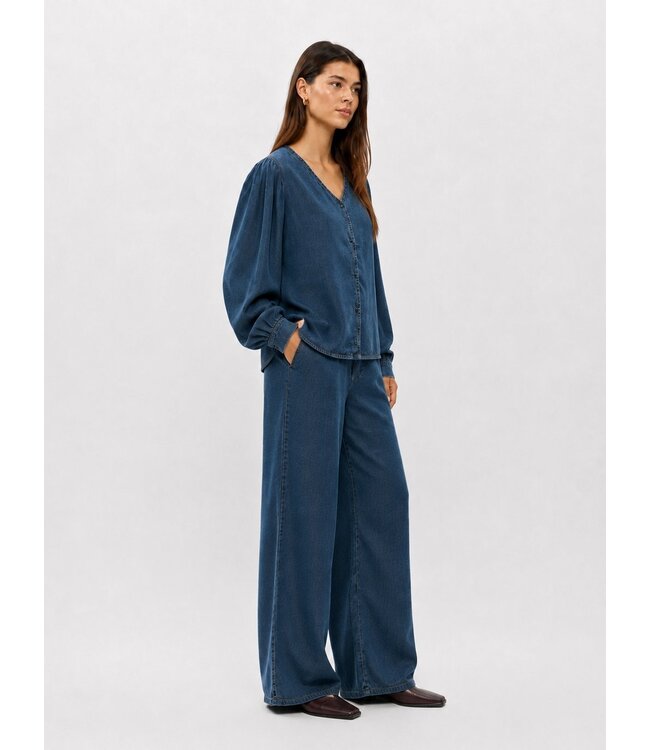 Object OBJFRAME Lisa Wide Pant Dark Blue Denim Rinse Wash – Dames broek met wijde pijpen