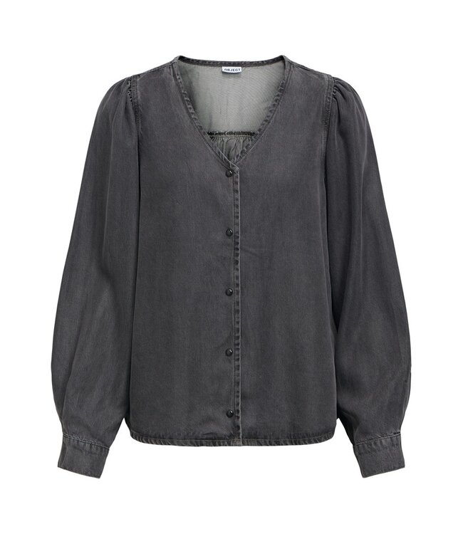 Object OBJFRAME V-Neck Top Black Washed – Dames blouse in washed denim look