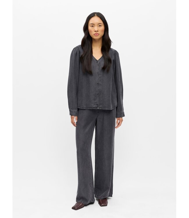 Object OBJFRAME V-Neck Top Black Washed – Dames blouse in washed denim look