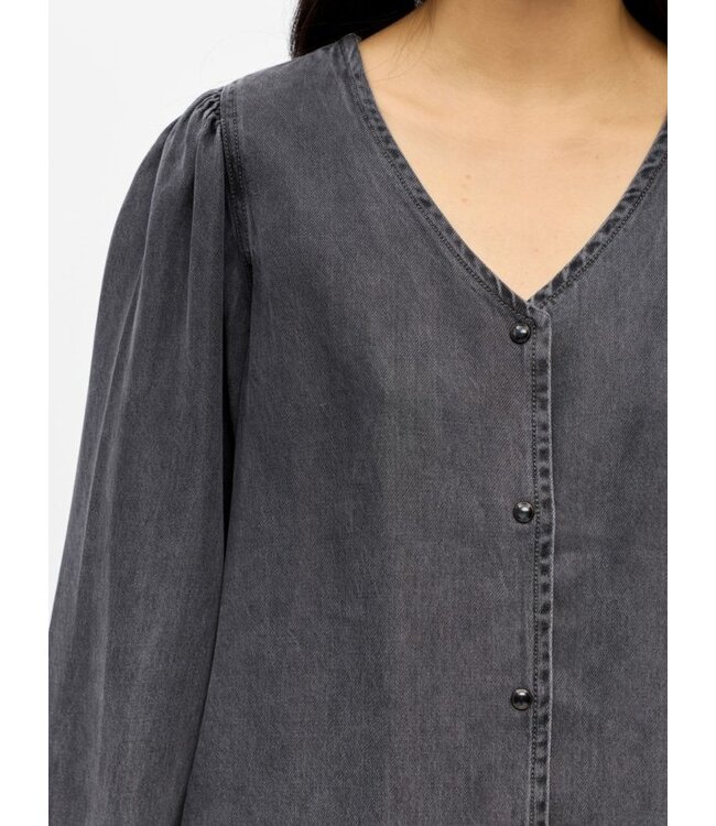 Object OBJFRAME V-Neck Top Black Washed – Dames blouse in washed denim look