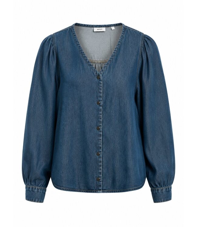 Object OBJFRAME V-Neck Top Dark Blue Denim Rinse Washed – Dames blouse in denim look