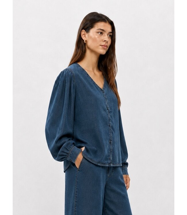 Object OBJFRAME V-Neck Top Dark Blue Denim Rinse Washed – Dames blouse in denim look