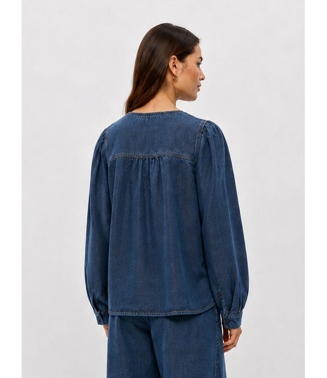 Object OBJFRAME V-Neck Top Dark Blue Denim Rinse Washed – Dames blouse in denim look