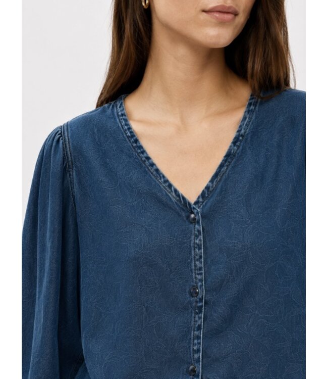 Object OBJFRAME V-Neck Top Dark Blue Denim Rinse Washed – Dames blouse in denim look