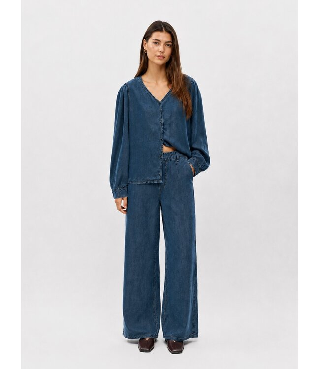 Object OBJFRAME V-Neck Top Dark Blue Denim Rinse Washed – Dames blouse in denim look