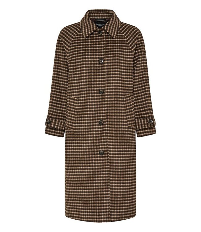b.young BYCAMIO Coat Olive Night Check – Lange geruite damesmantel met wol