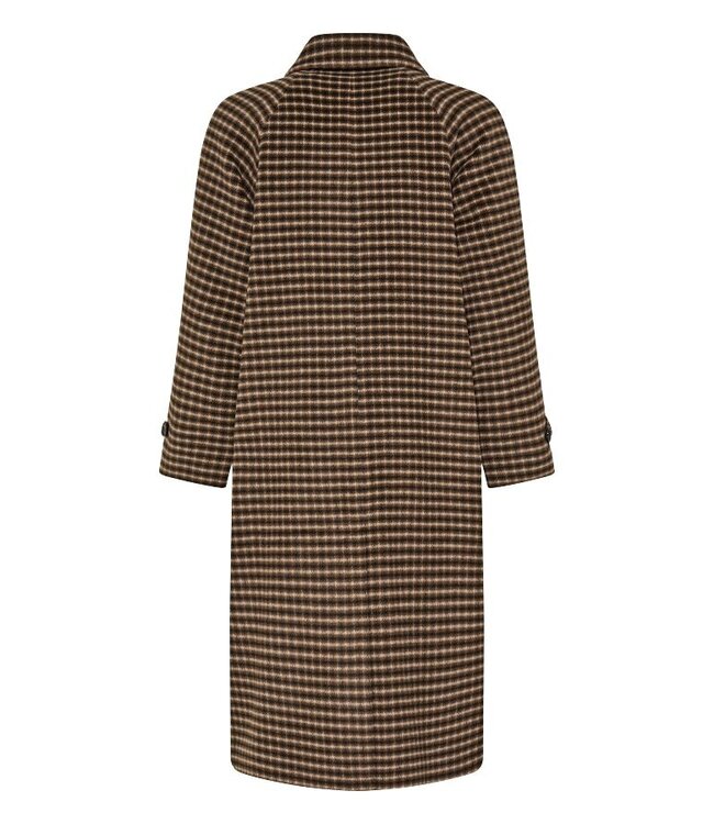 b.young BYCAMIO Coat Olive Night Check – Lange geruite damesmantel met wol