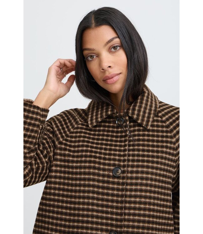 b.young BYCAMIO Coat Olive Night Check – Lange geruite damesmantel met wol