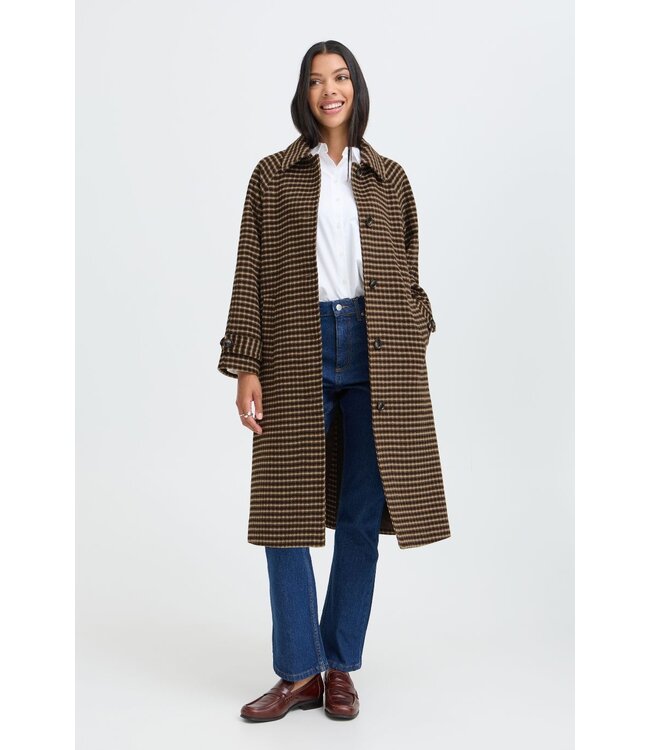 b.young BYCAMIO Coat Olive Night Check – Lange geruite damesmantel met wol