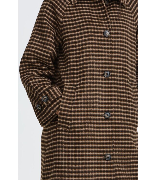 b.young BYCAMIO Coat Olive Night Check – Lange geruite damesmantel met wol
