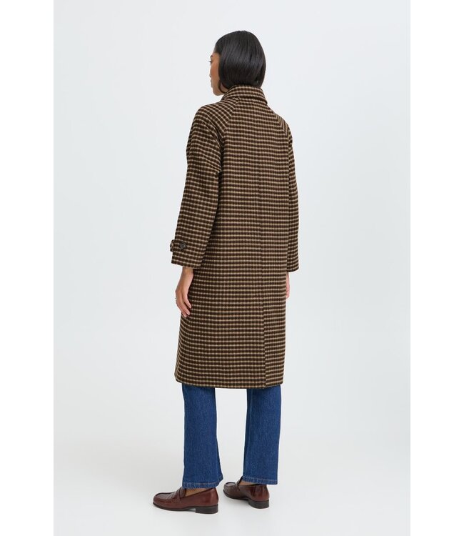 b.young BYCAMIO Coat Olive Night Check – Lange geruite damesmantel met wol