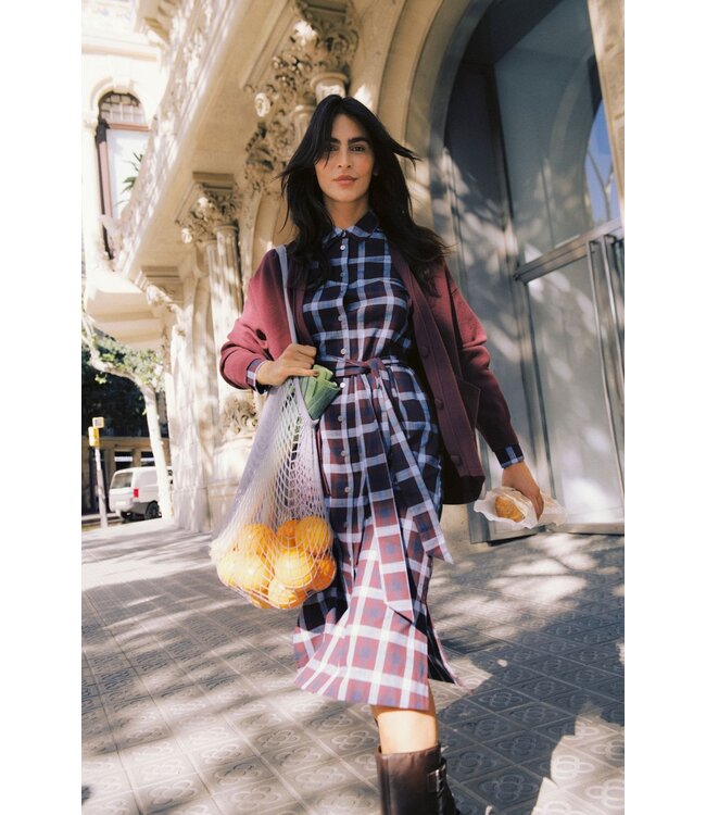 b.young BYFLANNY Shirt Dress Fig Check – Geruite katoenen midi hemdjurk