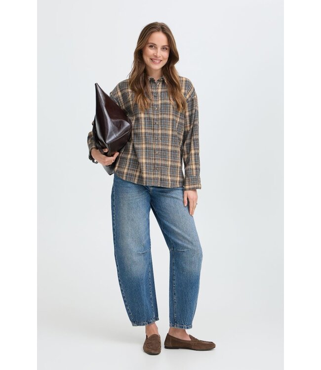 b.young BYFABRICE Shirt Grey/Brown Check – Geruit loose fit dameshemd