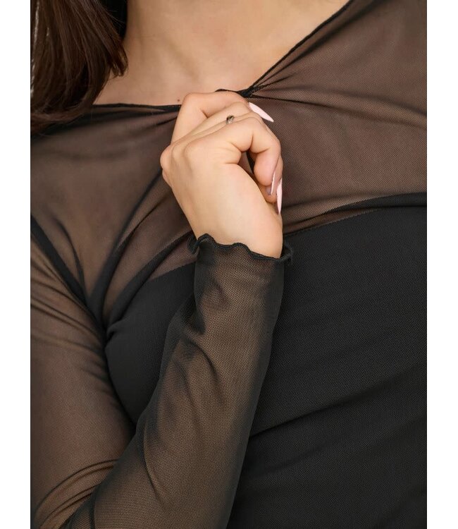 JDY JDYELSA New Life O-Neck Top Black – Dames mesh top met lange mouwen