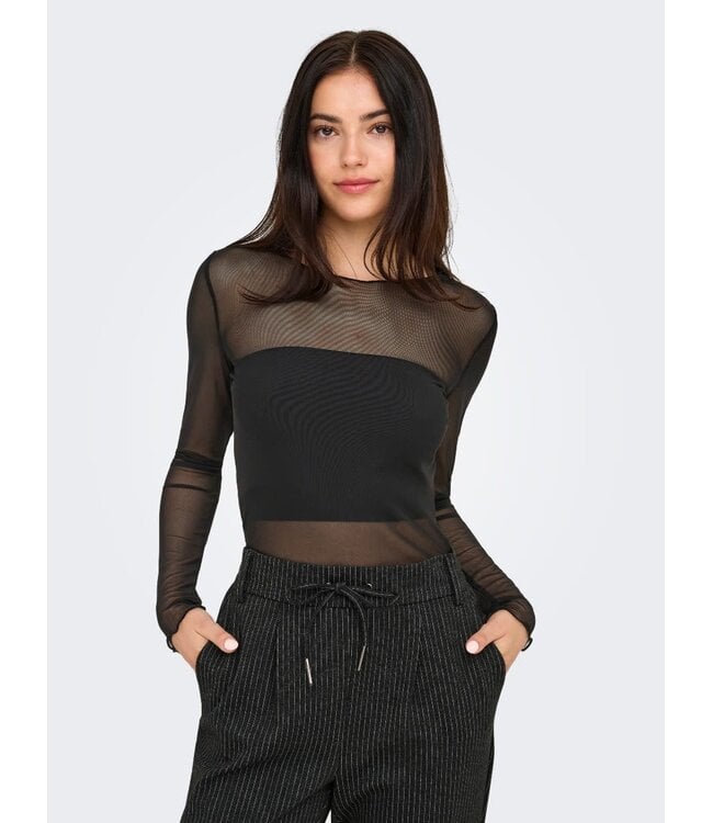 JDY JDYELSA New Life O-Neck Top Black – Dames mesh top met lange mouwen