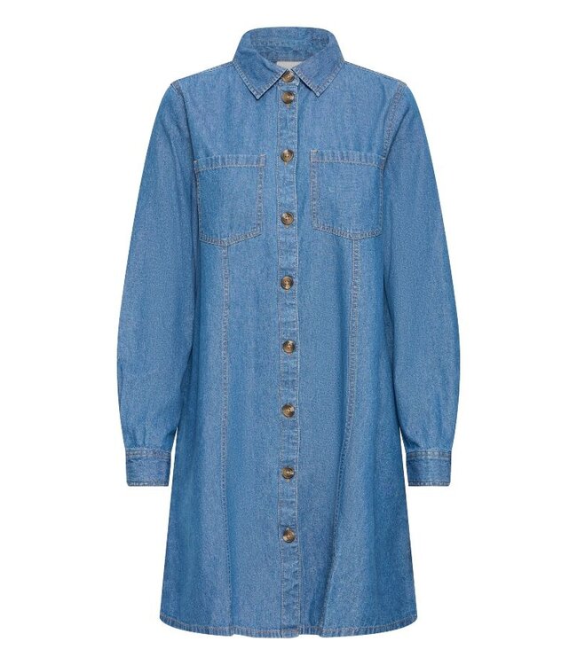 ICHI IHARCHER Dress 4 Washed Medium Blue – Blauwe denim dames overhemdjurk