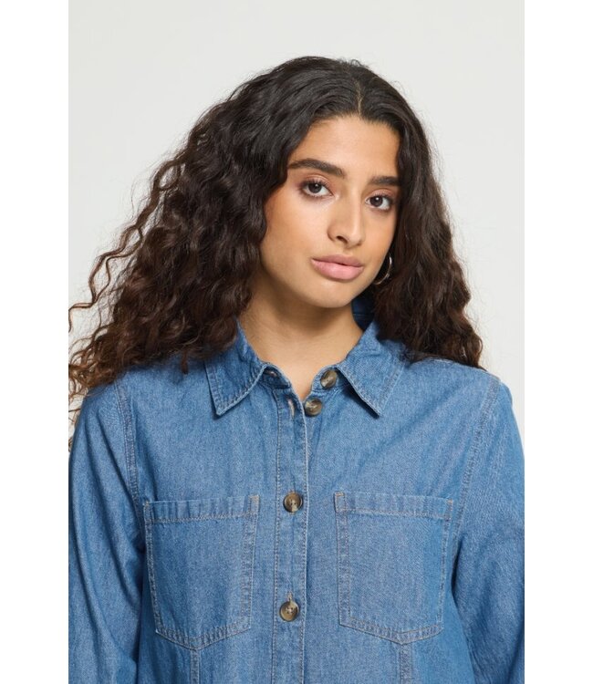 ICHI IHARCHER Dress 4 Washed Medium Blue – Blauwe denim dames overhemdjurk