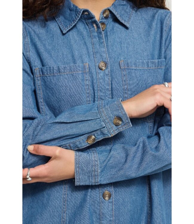 ICHI IHARCHER Dress 4 Washed Medium Blue – Blauwe denim dames overhemdjurk