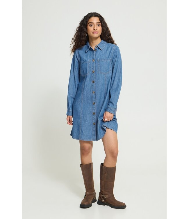 ICHI IHARCHER Dress 4 Washed Medium Blue – Blauwe denim dames overhemdjurk