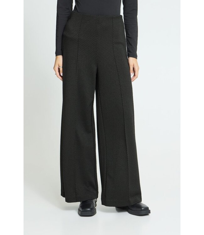ICHI ICHI IHKATE Twillish Wide Pant Rosin-Black/Green – Dames broek met wijde pijpen