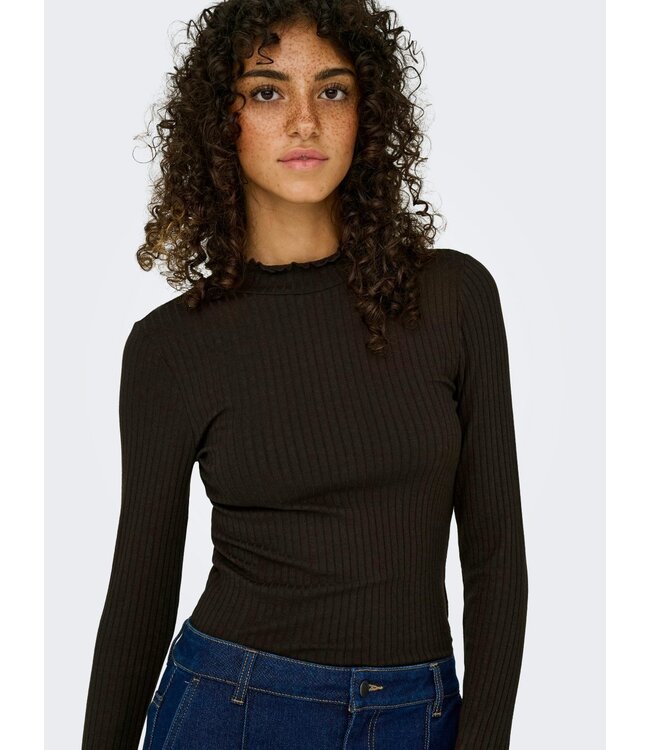 JDY JDY JDYFRANSISKA Life Hi-Neck Top Black Coffee – Bruine ribtop met hoge hals