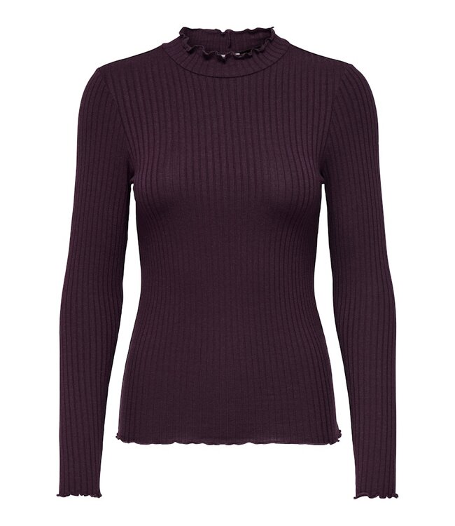 JDY JDY JDYFRANSISKA Life Hi-Neck Top Winetasting – Bordeaux ribtop met hoge hals
