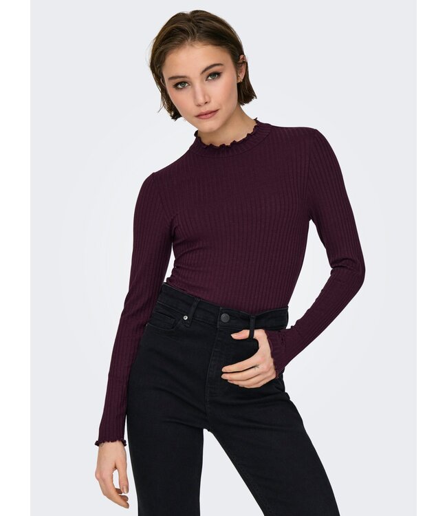 JDY JDY JDYFRANSISKA Life Hi-Neck Top Winetasting – Bordeaux ribtop met hoge hals
