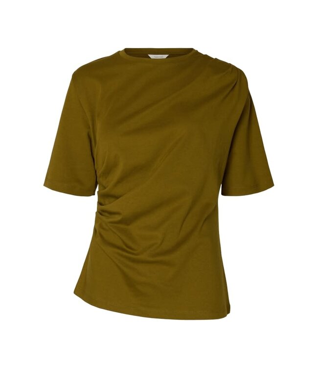 Selected Femme SLWTAJ Light Twist T-shirt Fir Green – Groene damestop met asymmetrische plooien