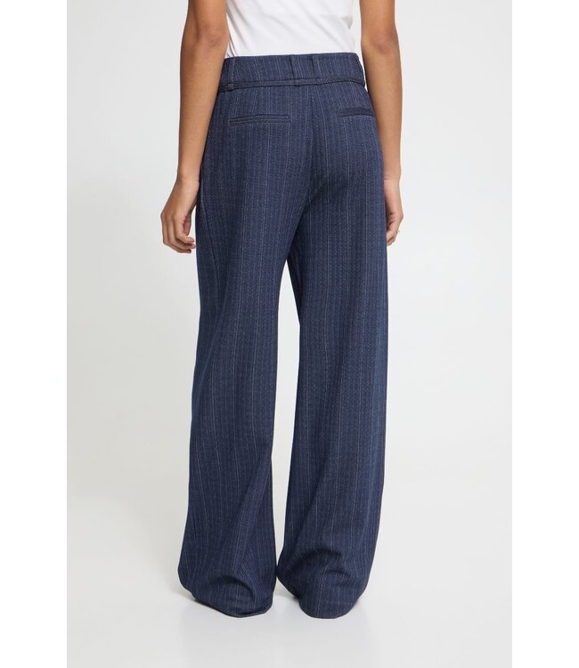ICHI IHKATE Pinelle Wide Pant Dark Blue – Wijde krijtstreepbroek met strikceintuur