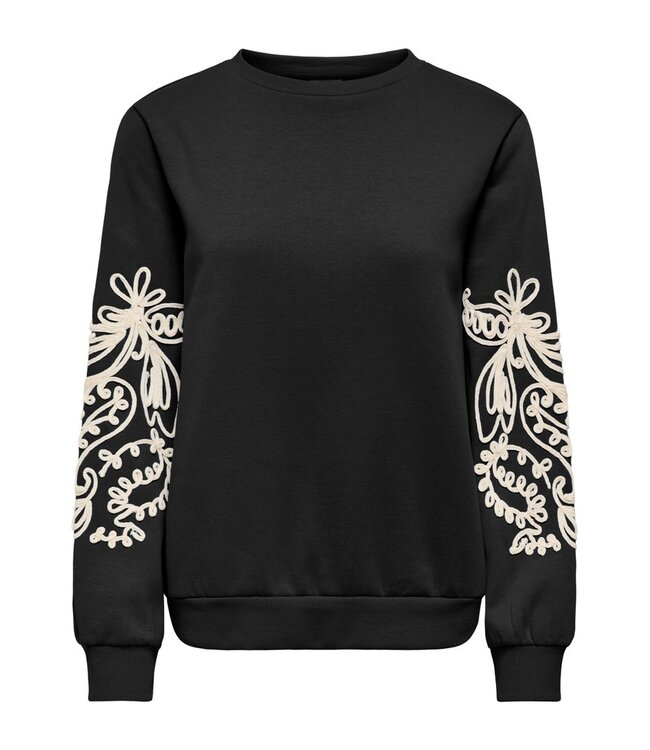 JDY JDYMESA Mindy Emb Sweat Black – Zwarte dames sweater met ecru borduurwerk