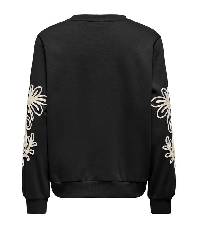 JDY JDYMESA Mindy Emb Sweat Black – Zwarte dames sweater met ecru borduurwerk