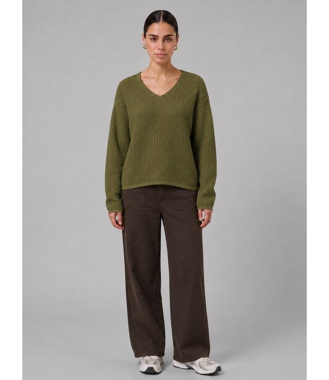 JDY JDYSTACEY Reversible Pullover Dark Olive – Groene structuurtrui met V-hals