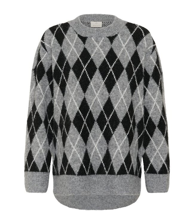 KAFFE KAsimone Knit Pullover Black/GM/White Argyle – Grijze damestrui met ruitpatroon