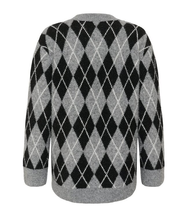 KAFFE KAsimone Knit Pullover Black/GM/White Argyle – Grijze damestrui met ruitpatroon
