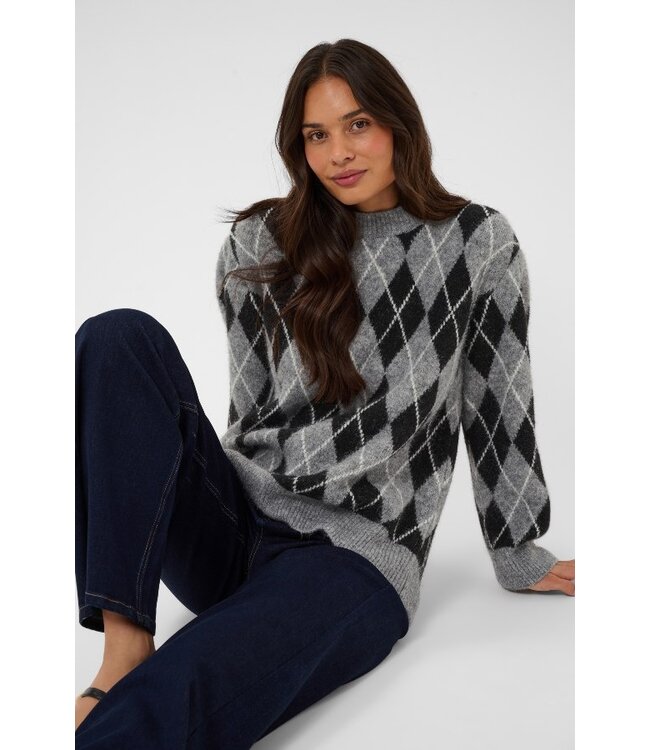 KAFFE KAsimone Knit Pullover Black/GM/White Argyle – Grijze damestrui met ruitpatroon