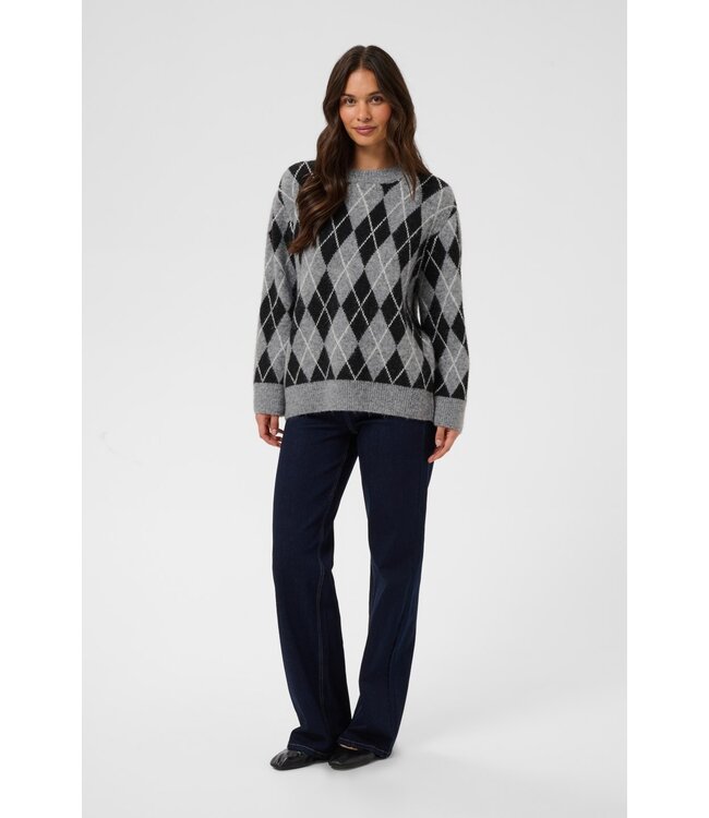 KAFFE KAsimone Knit Pullover Black/GM/White Argyle – Grijze damestrui met ruitpatroon