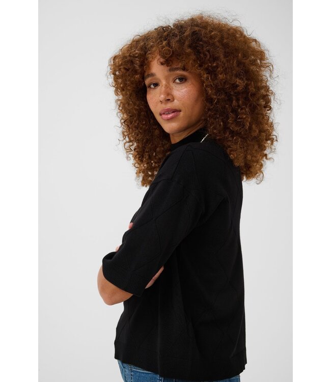 KAFFE KAlizza Argyle Pullover Black Deep – Zwarte loose fit trui met halflange mouwen