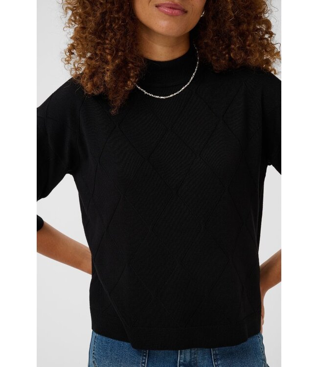 KAFFE KAlizza Argyle Pullover Black Deep – Zwarte loose fit trui met halflange mouwen