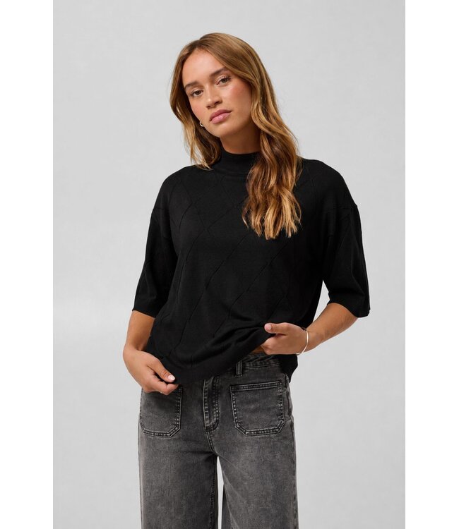 KAFFE KAlizza Argyle Pullover Black Deep – Zwarte loose fit trui met halflange mouwen