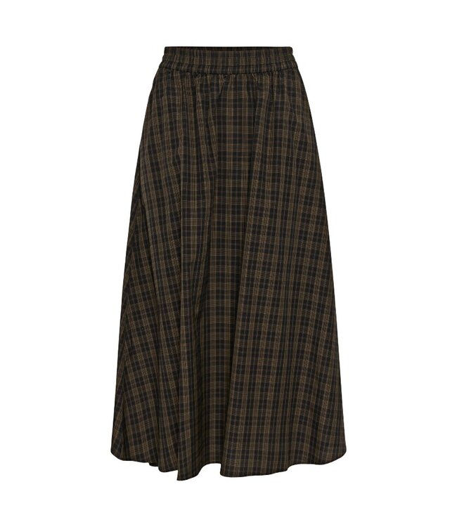 KAFFE KAhelie Skirt Black/Brown Check – Lange geruite damesrok met elastische taille