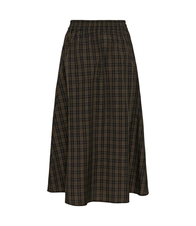 KAFFE KAhelie Skirt Black/Brown Check – Lange geruite damesrok met elastische taille