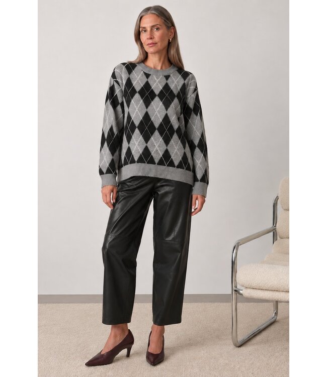 KAFFE KAsimone Knit Pullover Black/GM/White Argyle – Grijze damestrui met ruitpatroon