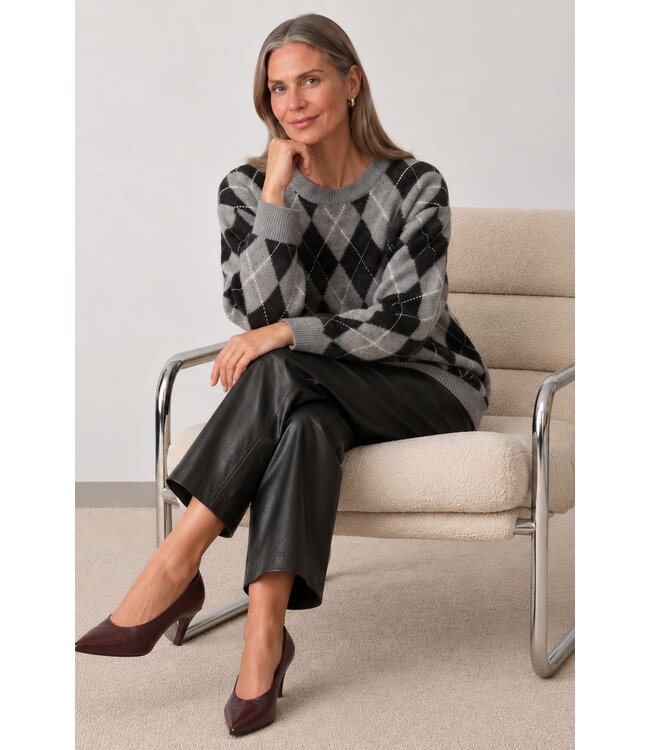 KAFFE KAsimone Knit Pullover Black/GM/White Argyle – Grijze damestrui met ruitpatroon