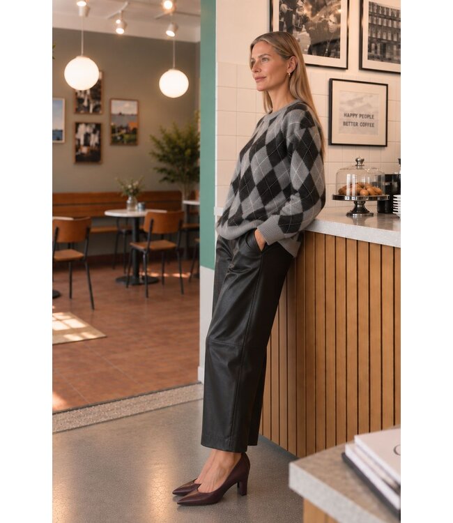 KAFFE KAsimone Knit Pullover Black/GM/White Argyle – Grijze damestrui met ruitpatroon