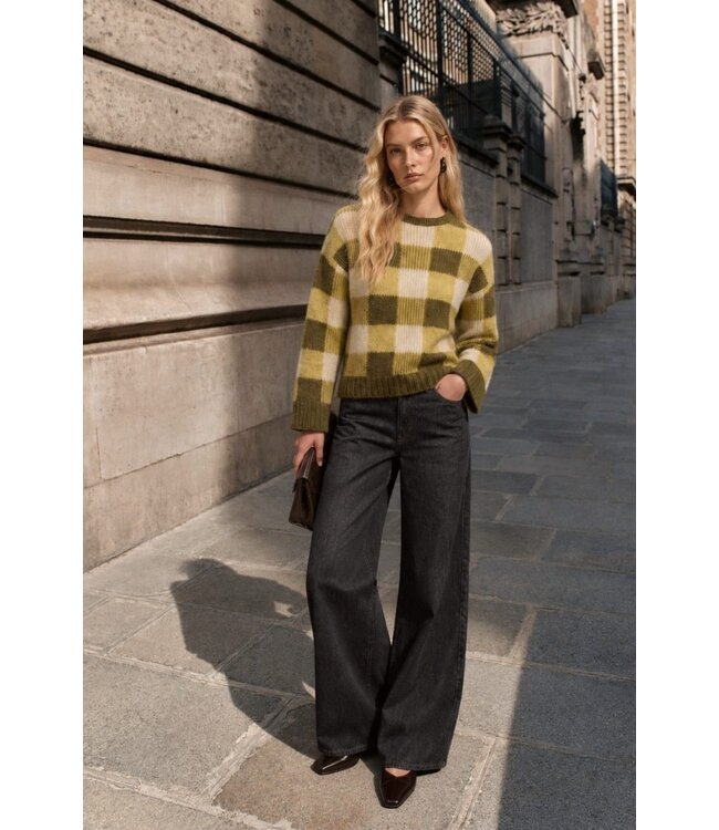 Selected Femme SLWLULU Loose Check Knit Avocado Oil Check – Geruite damespull met wol & alpaca
