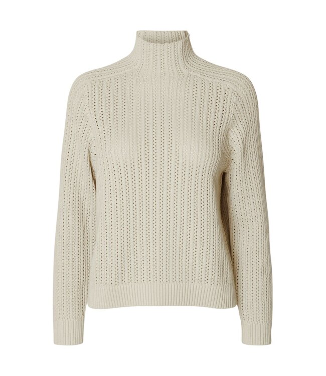 Selected Femme SLWOLGA Knit Structure High Neck Birch – Ecru damespull met hoge hals